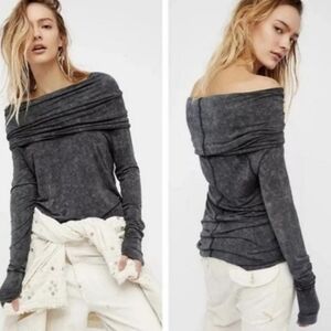 Free People Off-Shoulder Long Sleeve Top in Charcoal Gray